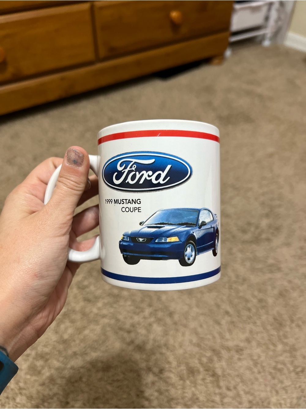 Ford White Ceramic Mug with Blue Mustang Graphic